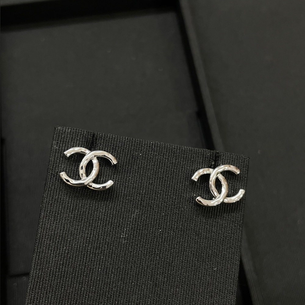 Chanel Silver Hammered CC Logo Stud Earrings
